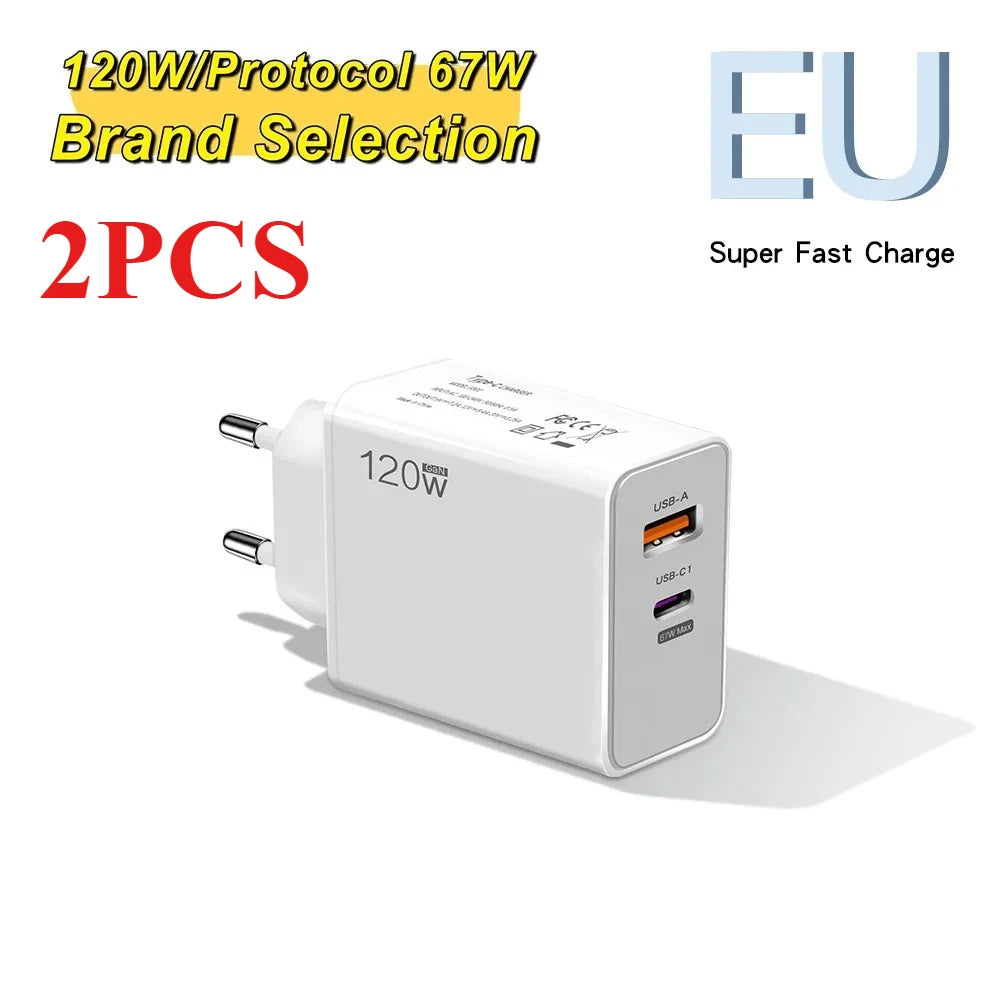 120W USB Fast Charger With Type C Cable Fast Charging Adapter For iPhone 16 Samsung Xiaomi Huawei PD Cell Phones Quick Charger