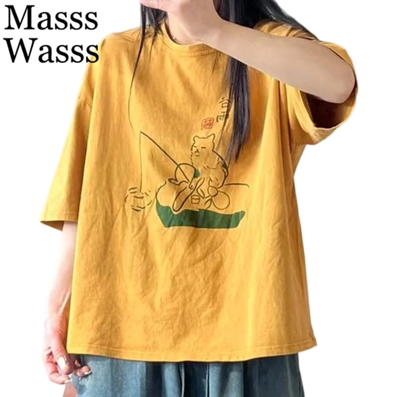 Masss Wasss 2025 Summer Fashion Tops Womens Printed Cartoon Loose O Neck T-shirts Females Classic Casual Vintage Cotton Clothes