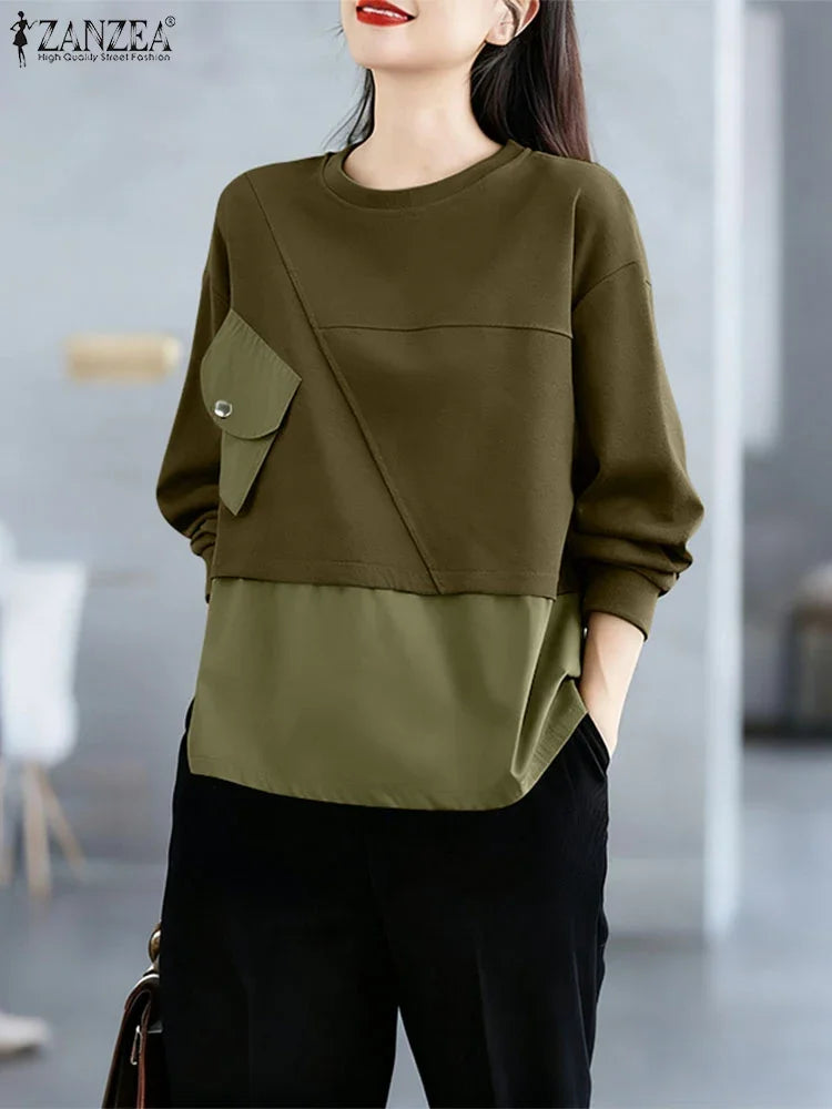 Solid Long Sleeve Sweatshirts Autumn Women Hoodies ZANZEA 2025 Fashion O-Neck Casual Loose Pullovers Patchwork Pockets Outwears