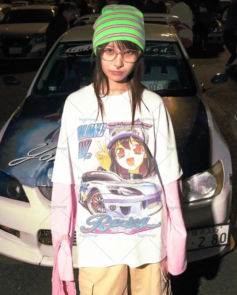Kawaii Harajuku Y2K Streetwear Anime Graphic Tops Women Casual Round Neck Long Sleeve T-shirt Gothic Retro Fake Two-piece Men