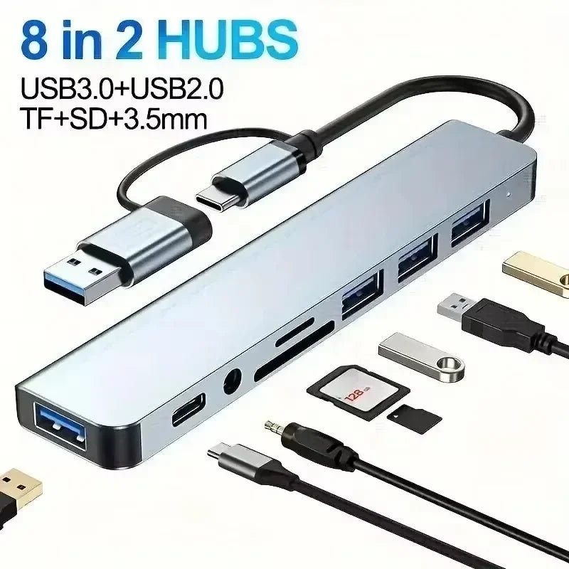 USB C Hub USB Hub 3.0, Aluminum 7 in 1 USB Extender, USB Splitter with 1 X USB 3.0, 4 X USB 2.0 and 2 X USB C Ports