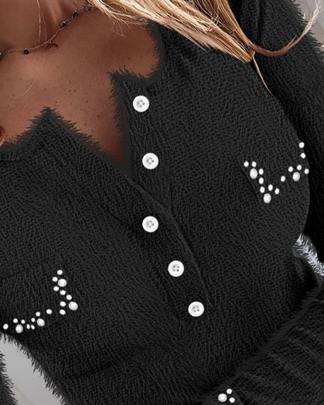 Women's Bloues Fashion Fuzzy Buttoned Beaded Long Sleeve Round Neck Skinny Top Ladies Casual Basics Pullover Tee 2023 Autumn