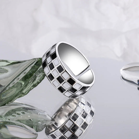 Buyee 925 Sterling Silver Fashion Ring Black & White Spacing Open Ring Finger for Women Men Women Fine Jewelry Circle Gift
