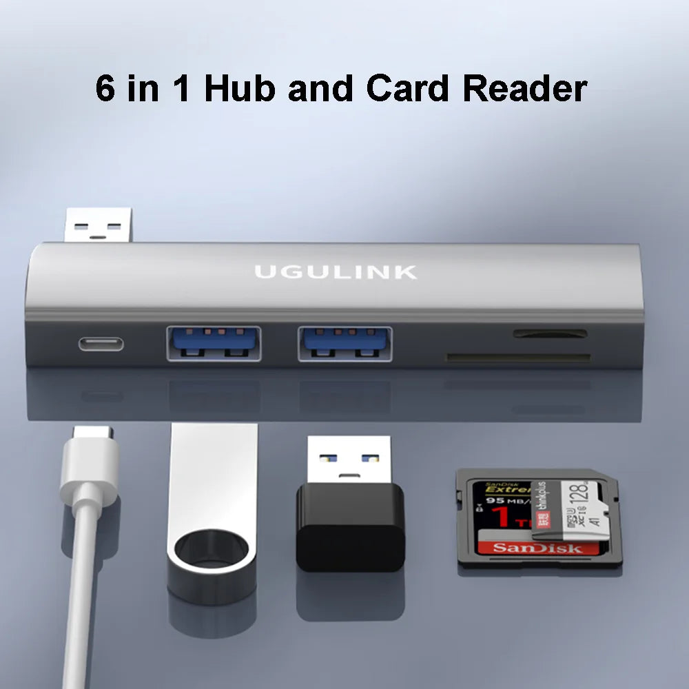 90 Degree Type-C USB 3.0 6 in 1 Hub  to PD60W  TF/SD 3.5mm Jack Adapter Cables Card Read For Samsung Xiaomi Huawei iphone 15 pro