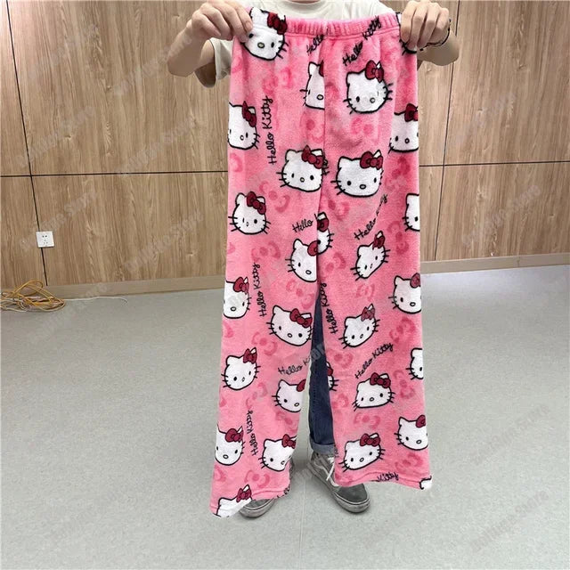 Sanrio Hello Kitty Anime Y2k Kawaii Flannel Pajamas Women'S Warm Woolen Cartoon Casual Home Pants Autumn Winter Fashion Trousers