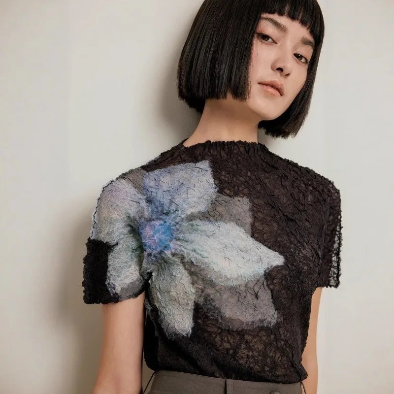 Summer Miyake Pleated Round Neck T-shirt Short-sleeved Printed Top Simple Loose Large Size with Stretch Thin Breathable Clothing