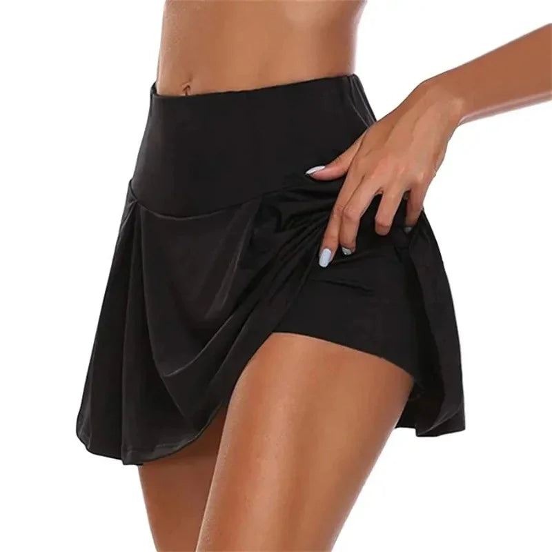 Sports short skirt for women, anti glare outdoor fitness skirt, pleated fake two-piece high waisted yoga skirt, and waist cinchi