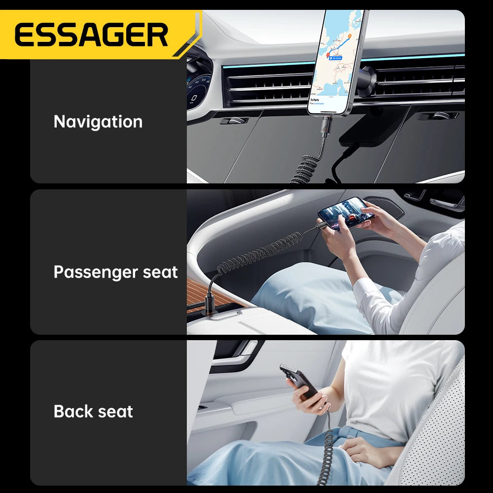 Essager Car Spring Type C Cable  For iPhone 16 15 Xiaomi Samsung 100W PD Fast Charging For Macbook iPad Type C to Type C Cable