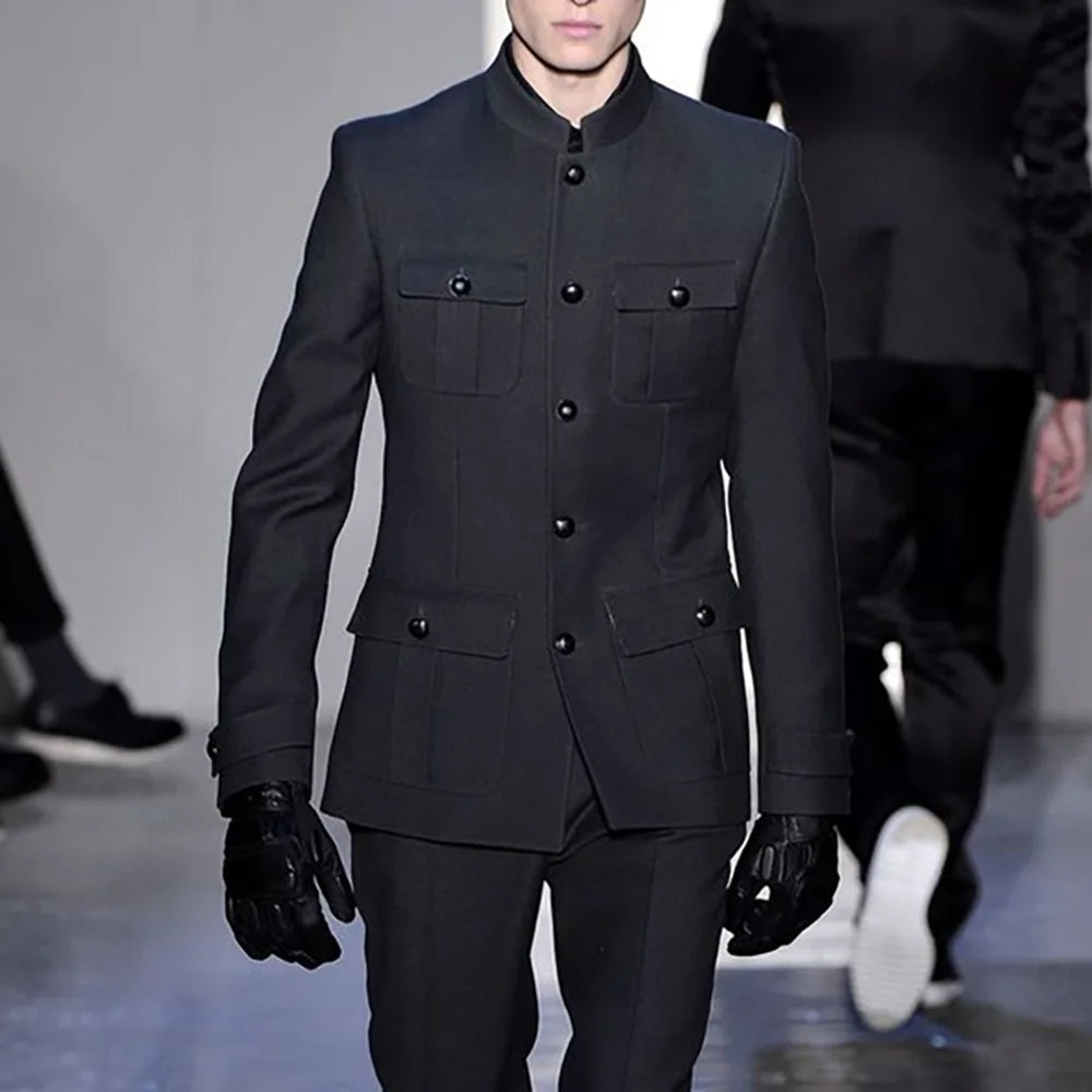 Black Single Breasted Round Neck Men Suit Two Pieces(Jacket+Pants) Outfits Chic Casual Party Prom Wedding Set