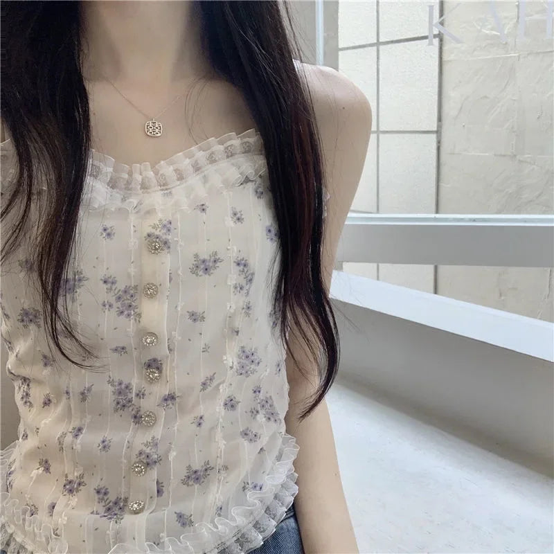Korean Women Lace Tank Tops Back-beautiful Underwear Summer Floral Tube Tops French Wood Ear-hem Camisole ropa de mujer