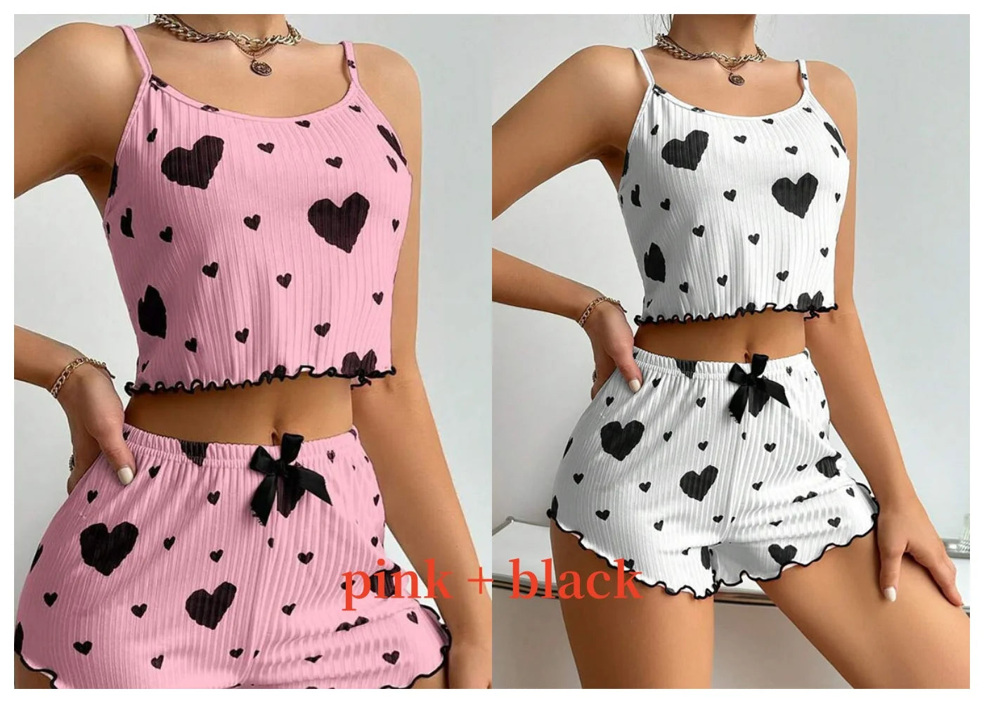 Women’s 2PCS Heart Print Pajama Set, Sleeveless Crop Top and Shorts, Soft Comfy Sleepwear Loungewear for Summer Nightwear