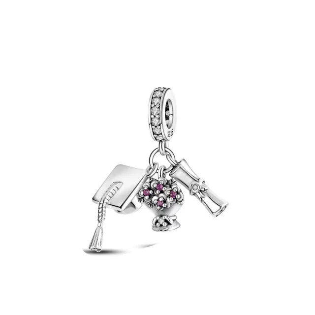 2023 Silver Teacher Pendant Fit Pandora Original Women Bracelet DIY Notebook Pencil Fine Dangle Jewelry Bachelor Cap Bead Charms