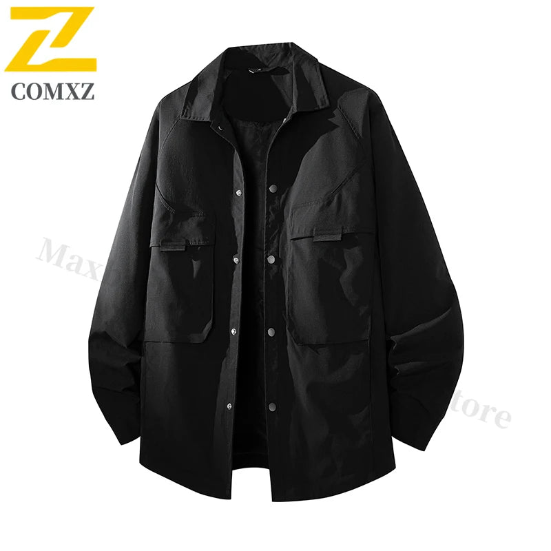 COMXZ Men Trendy Jacket 2025 Lapel Collar Outdoor Hiking Camping Durable Casual Gorpcore Coat Lightweight Windbreaker Autumn