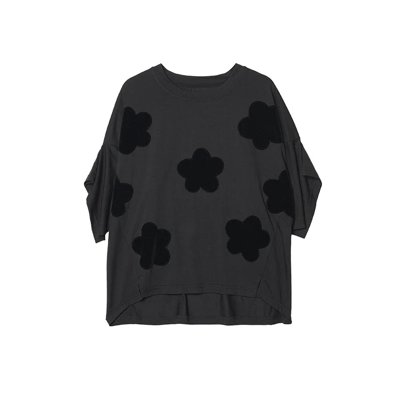 Women's Black Top Short Sleeve Round Neck Floral Applique Loose Fit Irregular Hem Casual Daily Wear Comfort Styling 255075