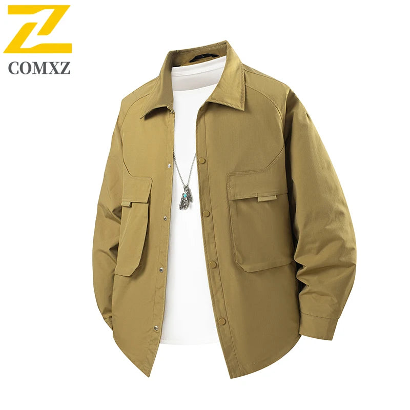 COMXZ Men Trendy Jacket 2025 Lapel Collar Outdoor Hiking Camping Durable Casual Gorpcore Coat Lightweight Windbreaker Autumn