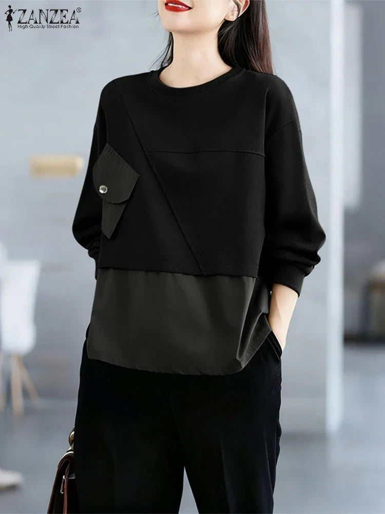 Solid Long Sleeve Sweatshirts Autumn Women Hoodies ZANZEA 2025 Fashion O-Neck Casual Loose Pullovers Patchwork Pockets Outwears
