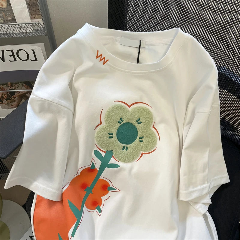 Retro High Street Short Sleeve Women Fashion Top 3D Flowers Flocking Graphic Tee Vintage Clothes Woman Designer Top 4XL 150KG