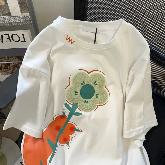 Retro High Street Short Sleeve Women Fashion Top 3D Flowers Flocking Graphic Tee Vintage Clothes Woman Designer Top 4XL 150KG