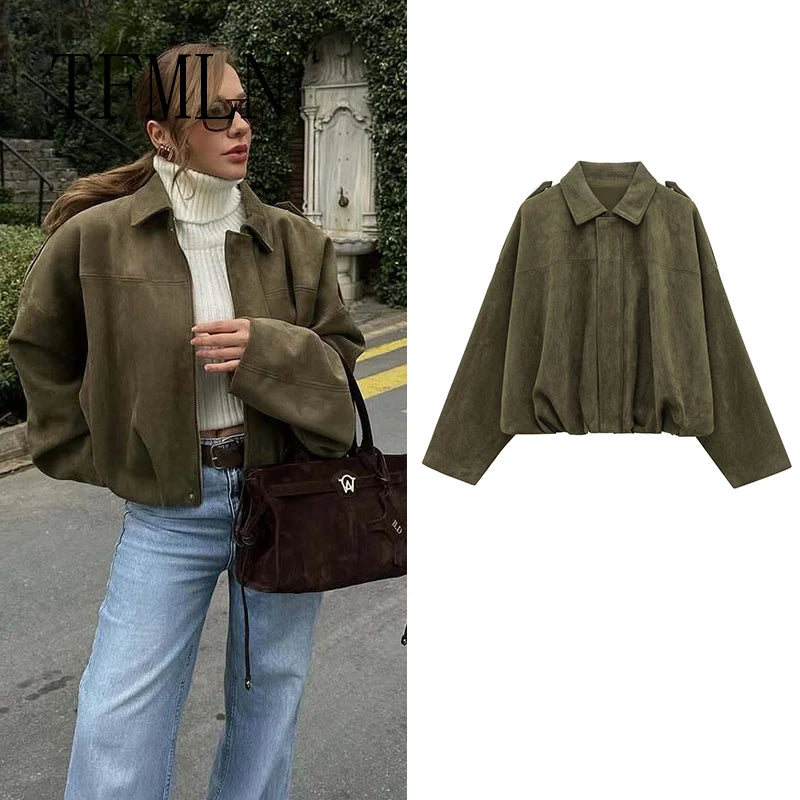 TFMLN New Fashion Suede Fabric Women Bomber Jackets 2025 Causal Long Sleeve Zipper Loose Coats Cropped Jacket Outwear