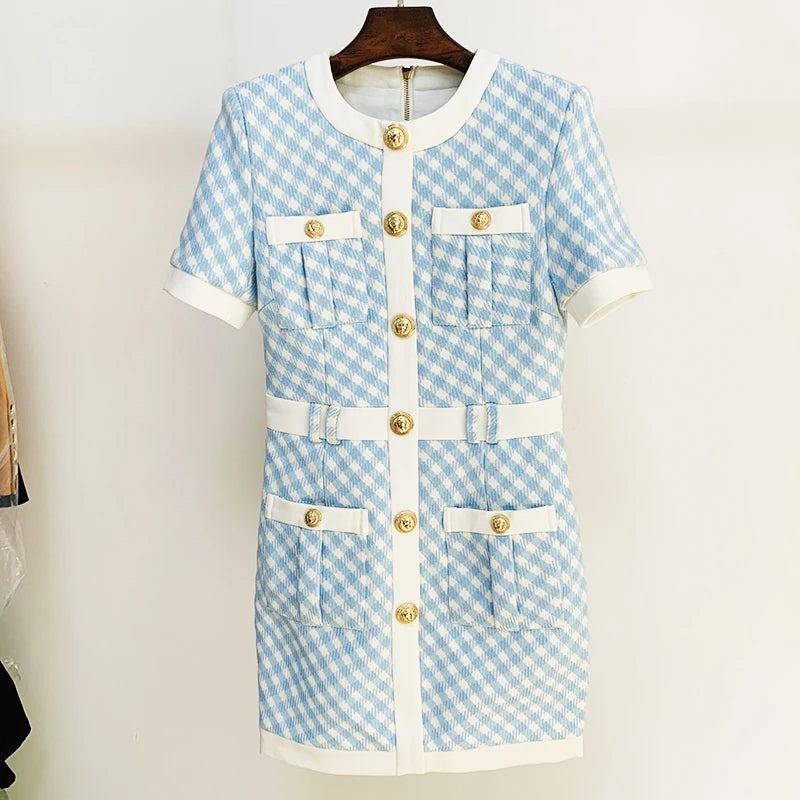 HIGH STREET Newest Fashion 2025 Fall Winter Designer Women's Short Sleeve Lion Buttons Color Block Plaid Tweed Dress