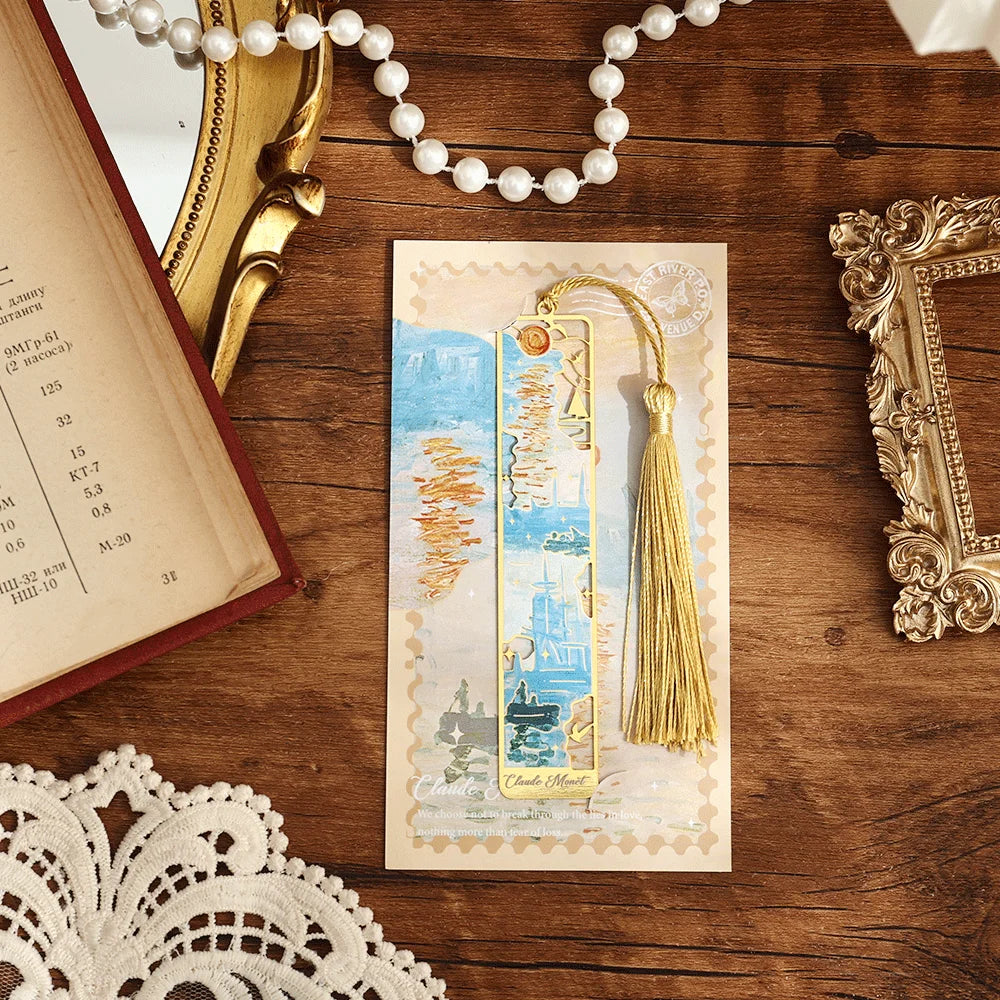 Vintage Oil Painting Metal Bookmarks - Hollow Hot Stamping Long Tassel Bookmarks - Stationery Gifts for Book Clubs, Book Lovers,