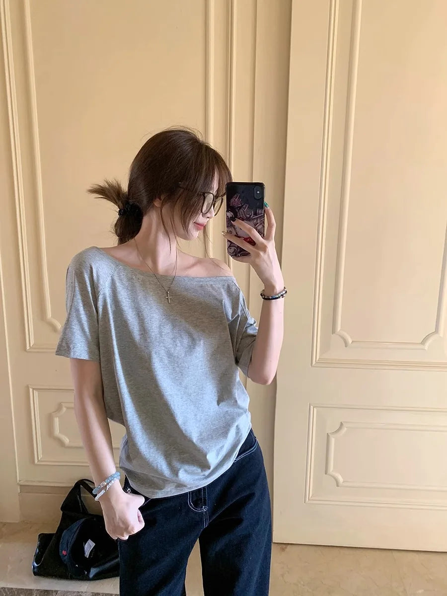 T-shirts Women Solid Simple Summer Casual Cleanfit Short Sleeve All-match Young Girls Streetwear Y2k Top Aesthetic Clothes Ins