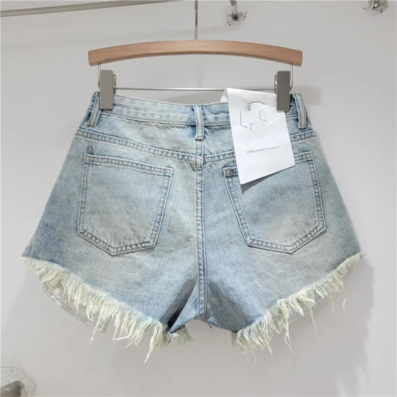 2025 Summer New Light Color Perforated Design Denim Shorts Women's Wide Legs Slim Fashion Ragged Edge A-line Ropa Mujer