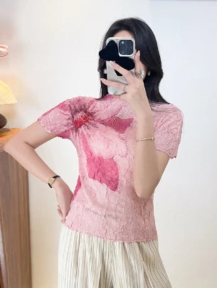 Summer Miyake Pleated Round Neck T-shirt Short-sleeved Printed Top Simple Loose Large Size with Stretch Thin Breathable Clothing
