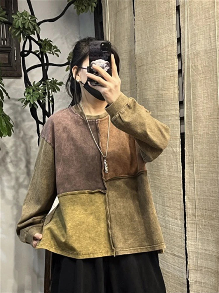 Amax luluE Womens Fashion Patchwork Harajuku Tops 2025 Spring Korean Style Ladies Loose Leisure T-Shirts Vintage Classic Clothes