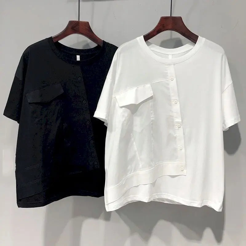 Unique Chic T Shirt Women Fashion Patchwork Design Short Sleeve T-shirt Casual Loose Niche Button Design Top Summer Trend Tshirt