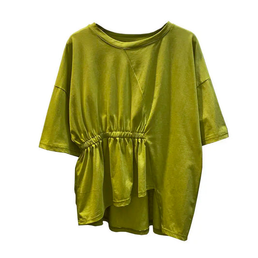 Pleated Asymmetrical Loose Tops Tees Summer New Short Sleeve Solid Color Trend Casual T Shirts Vintage Fashion Women Clothing