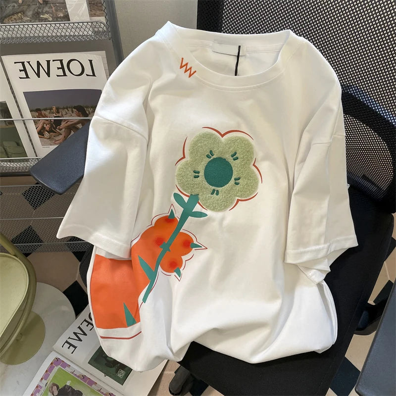 Retro High Street Short Sleeve Women Fashion Top 3D Flowers Flocking Graphic Tee Vintage Clothes Woman Designer Top 4XL 150KG