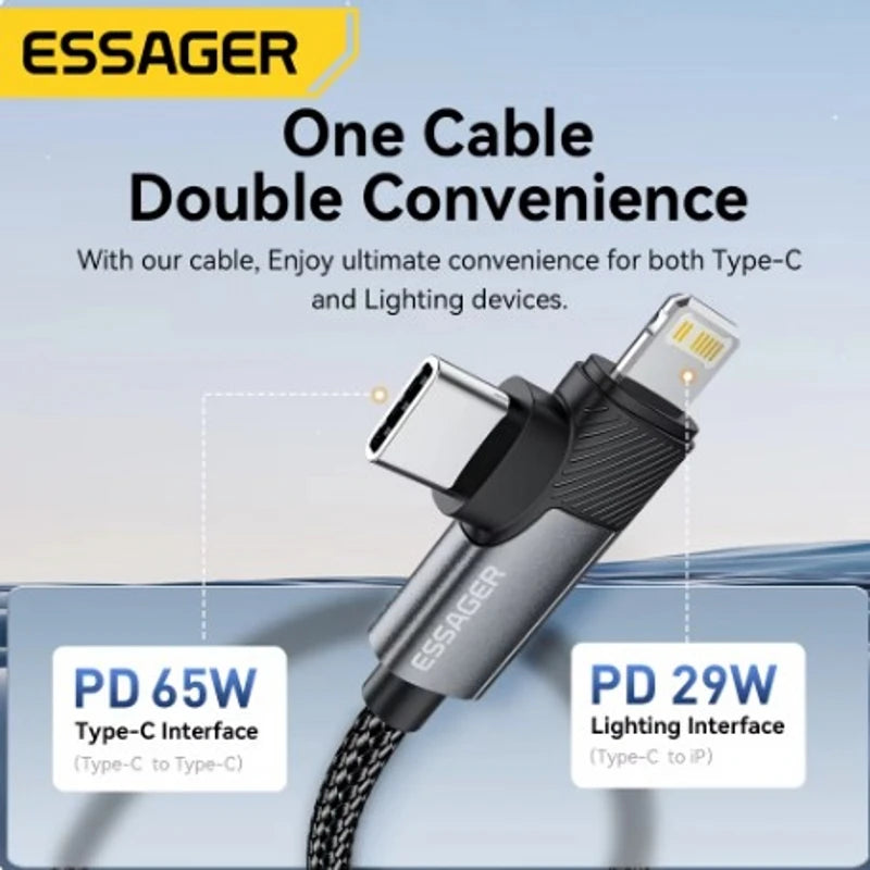 Essager 2-in-1 Right Angle Cable C-L 29W C-C 65W Fast Charging Elbow Data Cable For iPhone 16 15 14 MacBook Lenovo Dell iPad Pro