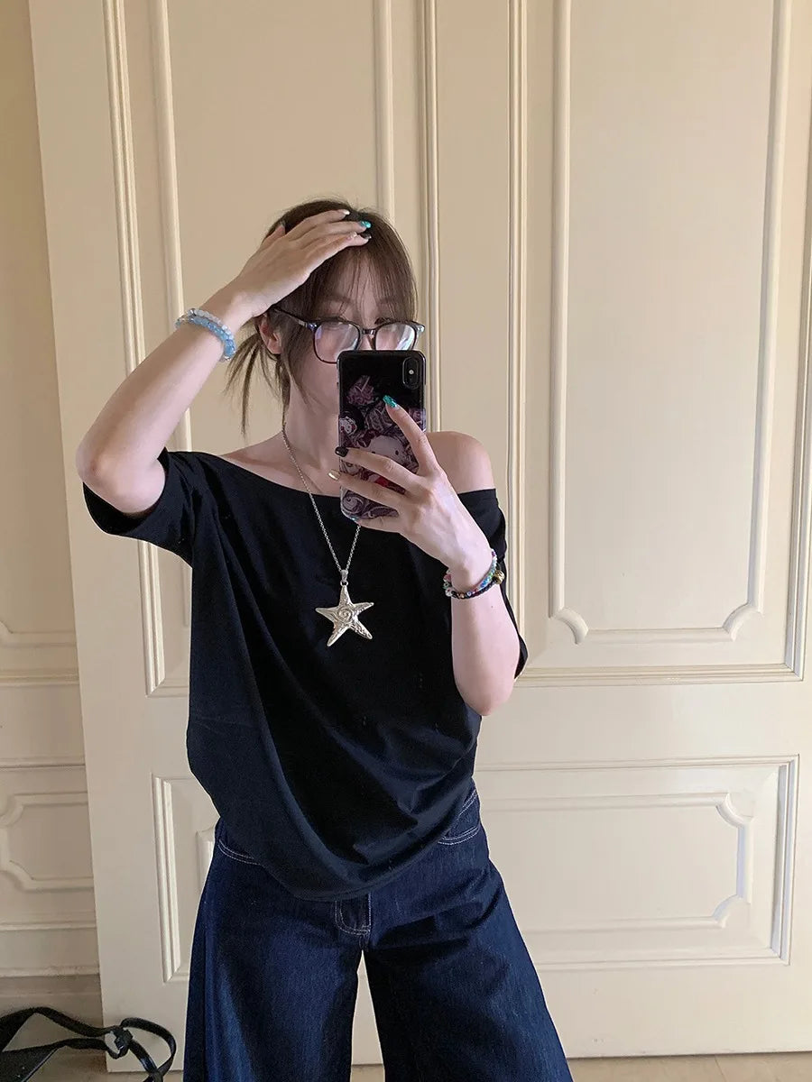 T-shirts Women Solid Simple Summer Casual Cleanfit Short Sleeve All-match Young Girls Streetwear Y2k Top Aesthetic Clothes Ins