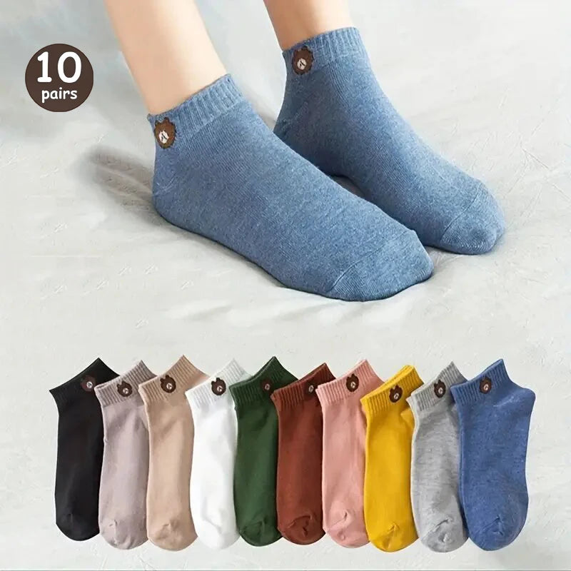 5/10/20 Pairs Women Cartoon Teddy Bear Patterned Ankle Socks Versatile Fashionable Creative Breathable Comfortable Casual Socks