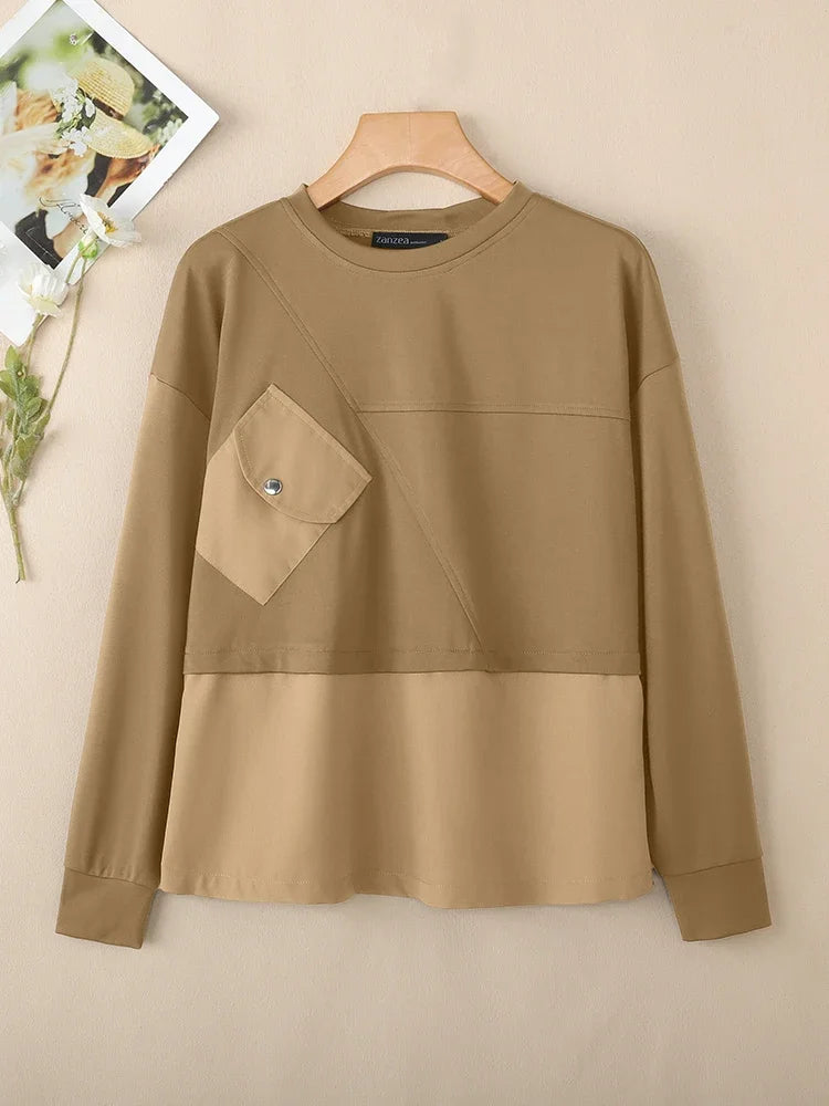 Solid Long Sleeve Sweatshirts Autumn Women Hoodies ZANZEA 2025 Fashion O-Neck Casual Loose Pullovers Patchwork Pockets Outwears