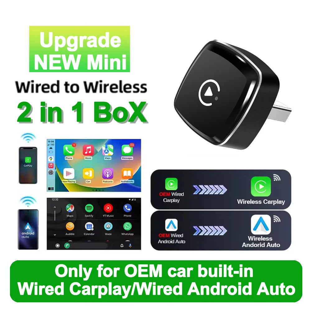 2in1 Wired to Wireless CarPlay Android Auto Adapter for OEM Car Stereo With USB Plug and Play