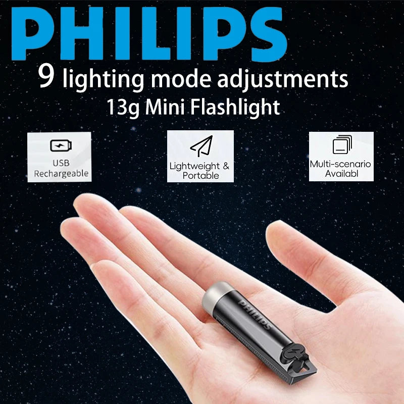 PHILIPS 2025  Super Bright EDC Flashlight LED Rechargeable Mini EDC Keychain Flashlights Camping Lamp For Hiking Self Defense