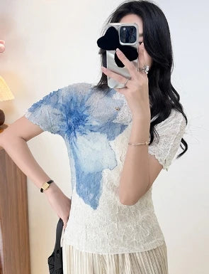 Summer Miyake Pleated Round Neck T-shirt Short-sleeved Printed Top Simple Loose Large Size with Stretch Thin Breathable Clothing