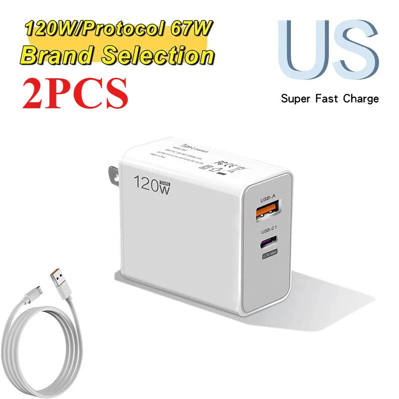 120W USB Fast Charger With Type C Cable Fast Charging Adapter For iPhone 16 Samsung Xiaomi Huawei PD Cell Phones Quick Charger