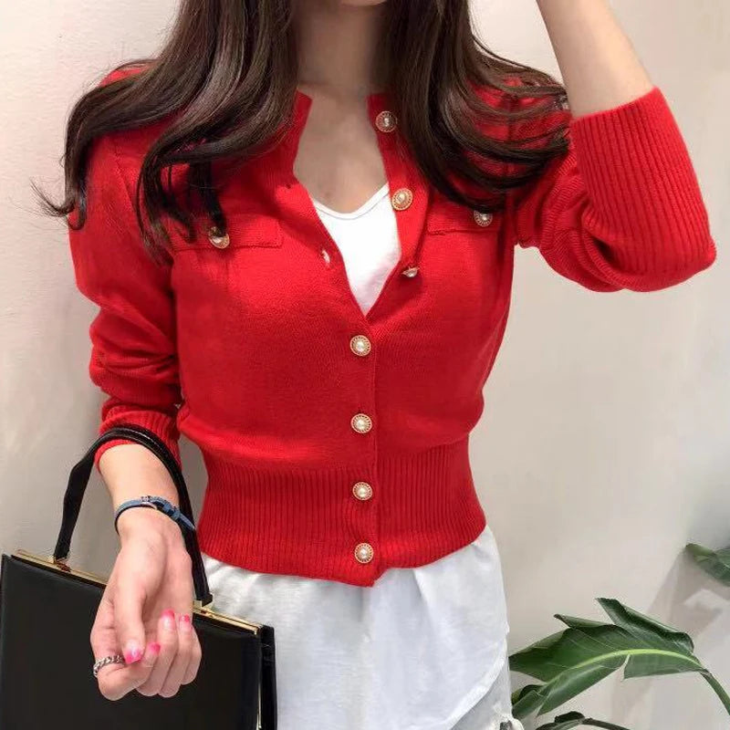 2025 on Women CarAutumn Long Sleeve Fashidigans Sweater Knitted Coat Short Casual Single Breasted Korean Slim Chic Ladies Tops