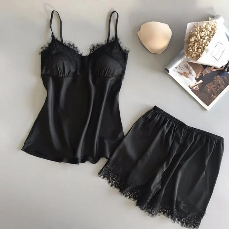 Women Pajama Suit Fashion V-Neck Lace Sexy Lingerie Pyjamas Sleep Shorts Set Sleepwear New