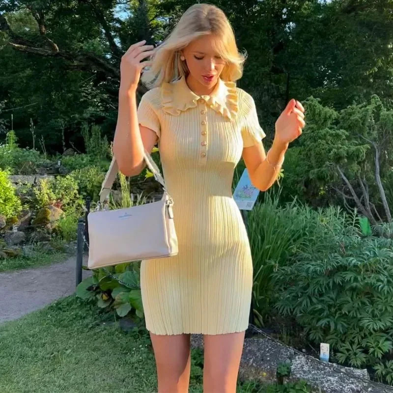 Elegant Knitted Dress Women's Vintage Ruffles Lapel Short Sleeve Bodycon Dresses Female Casual Summer White Yellow Pink Black