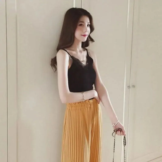 Clearance_1Pc Women's Vest Lace Top V-neck Solid Knit Tank Ladies Sleeveless Fashion Lace Patchwork Slim Sexy Suspenders Summer_