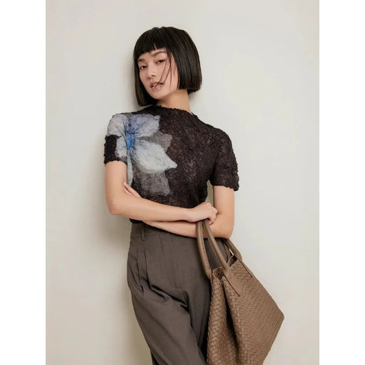 Summer Miyake Pleated Round Neck T-shirt Short-sleeved Printed Top Simple Loose Large Size with Stretch Thin Breathable Clothing