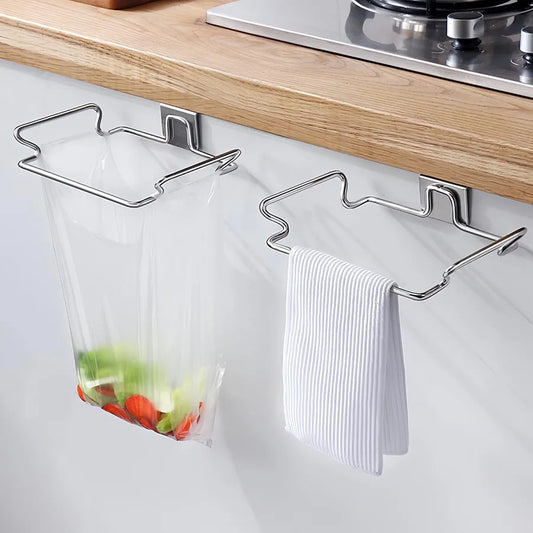 Kitchen Trash Rack Cabinet Door Garbage Bags Holder Stainless Steel Garbage Rack With Hanging Bracket Kitchen Gadgets garbagecan
