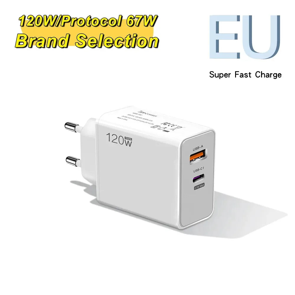 120W USB Fast Charger With Type C Cable Fast Charging Adapter For iPhone 16 Samsung Xiaomi Huawei PD Cell Phones Quick Charger