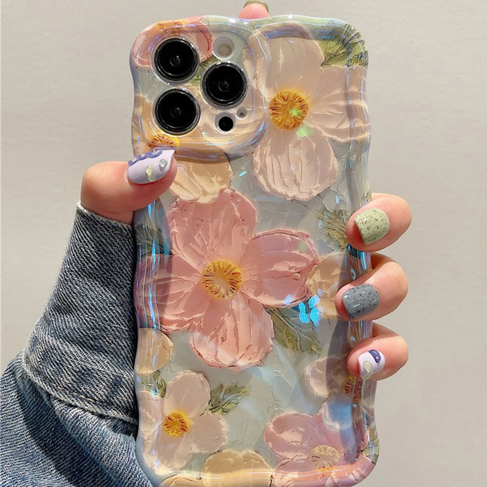 Retro Oil Painting Phone Case For iPhone 13 14 15 16 ProMax 12 11 Luxury Flower Print Shockproof Silicone Cover Artistic Decor