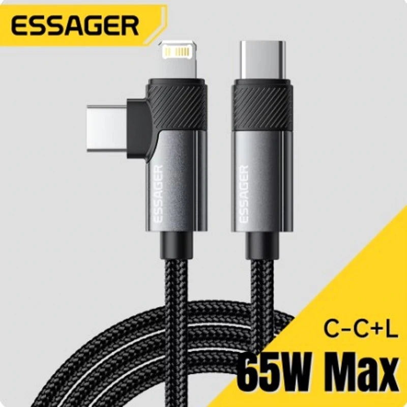Essager 2-in-1 Right Angle Cable C-L 29W C-C 65W Fast Charging Elbow Data Cable For iPhone 16 15 14 MacBook Lenovo Dell iPad Pro