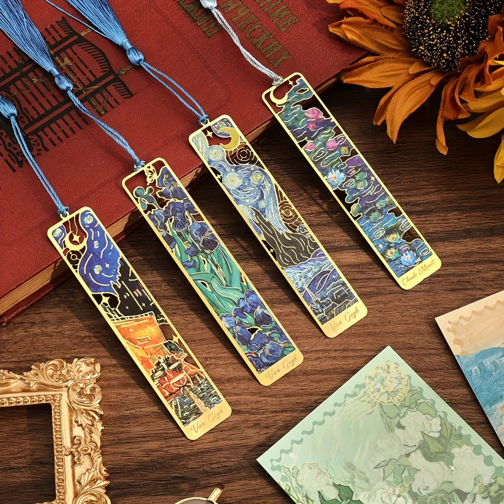 Vintage Oil Painting Metal Bookmarks - Hollow Hot Stamping Long Tassel Bookmarks - Stationery Gifts for Book Clubs, Book Lovers,